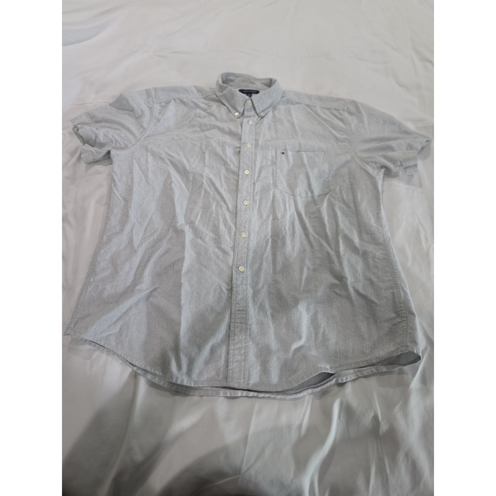 Tommy Hilfiger Shirt Mens XXL Gray Short Sleeve Button Up Plain Casual Cotton